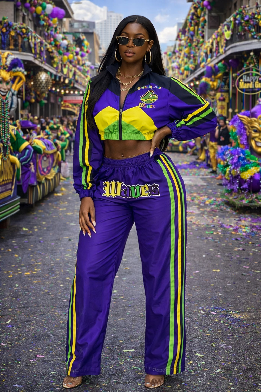 WAVES Women's Mardi Gras Nylon Tracksuit Set (Cropped Jacket + Track Pants)