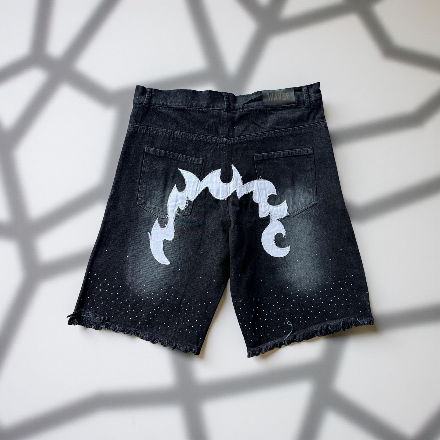 Waves Denim Black Rhinestone Shorts (Order one size up for best fit)