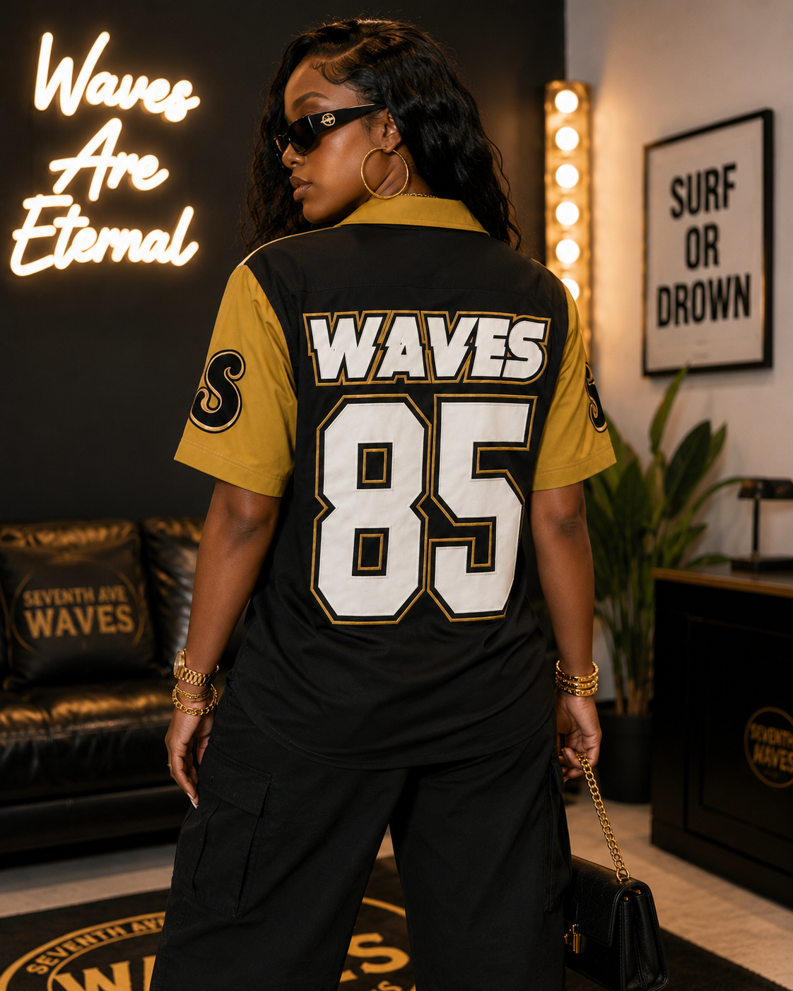 Unisex Waves Workman button down shirt (Black/Gold)