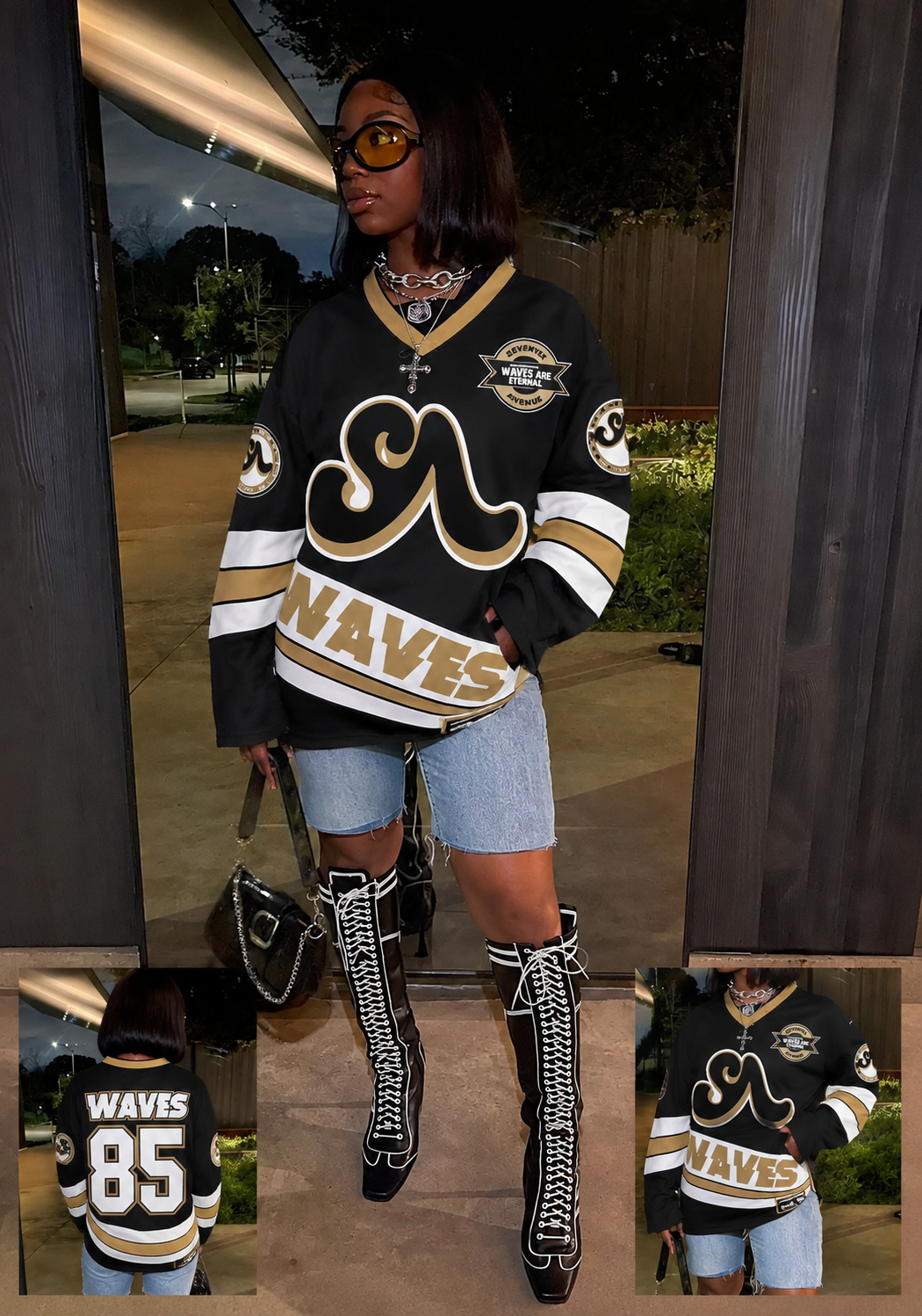 (2 Color Options) Adults Unisex WAVES Hockey Jersey (Black & Gold)