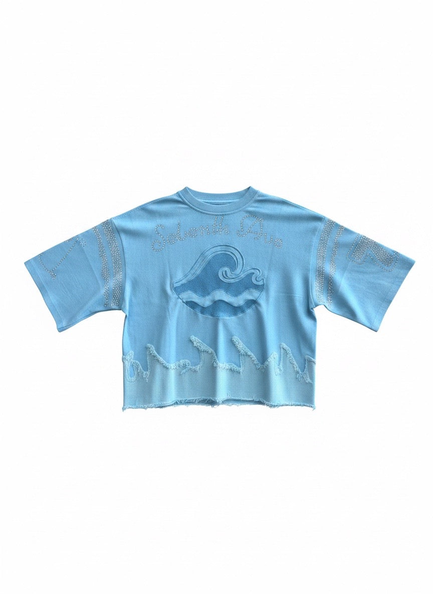 Blue Rhinestone Cropped Heavy Duty Shirt