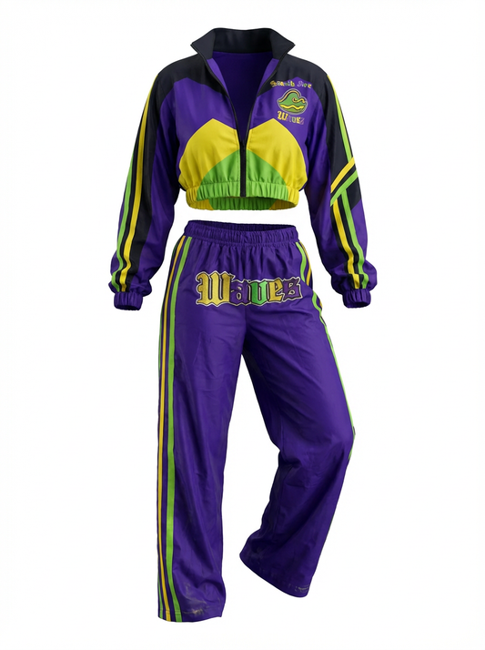 WAVES Women's Mardi Gras Nylon Tracksuit Set (Cropped Jacket + Track Pants)