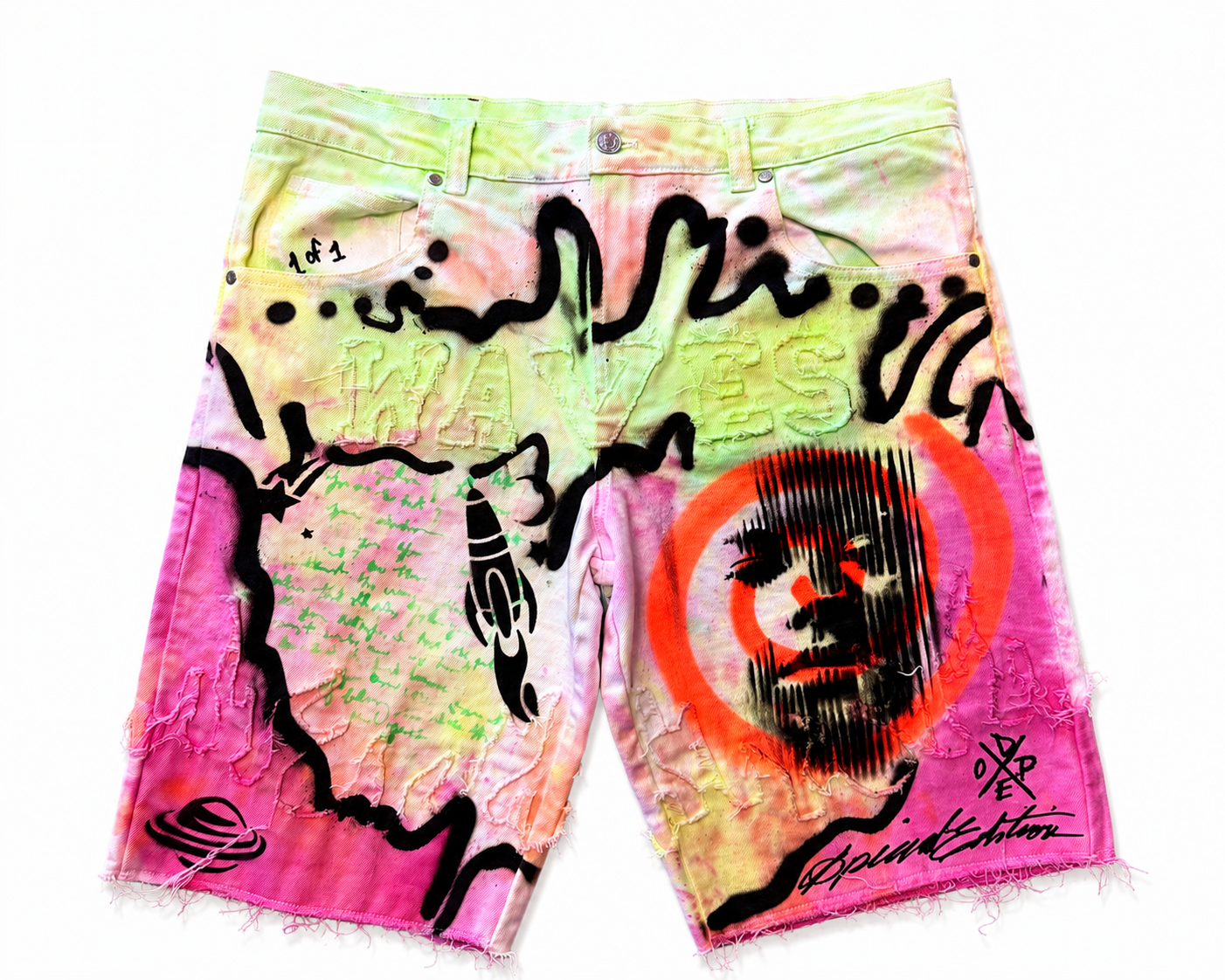 1 of 1 WAVES/DoU Tie Dye Hand painted Denim Shorts