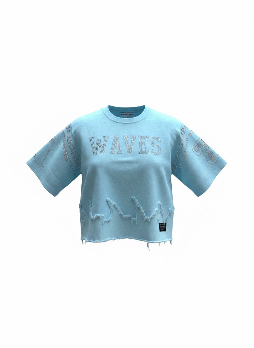 Blue Rhinestone Cropped Heavy Duty Shirt