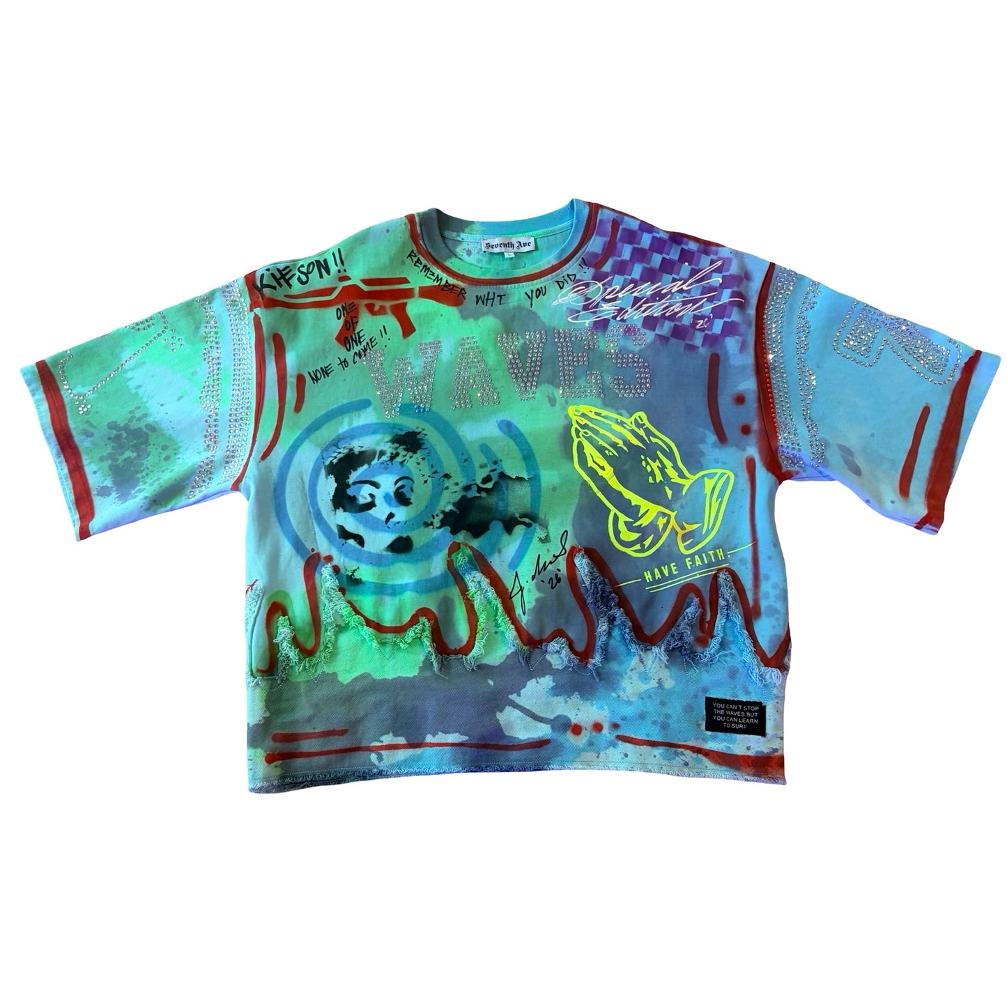 1 of 1 Custom Tie Dye, Hand Painted Cropped WAVES Shirts
