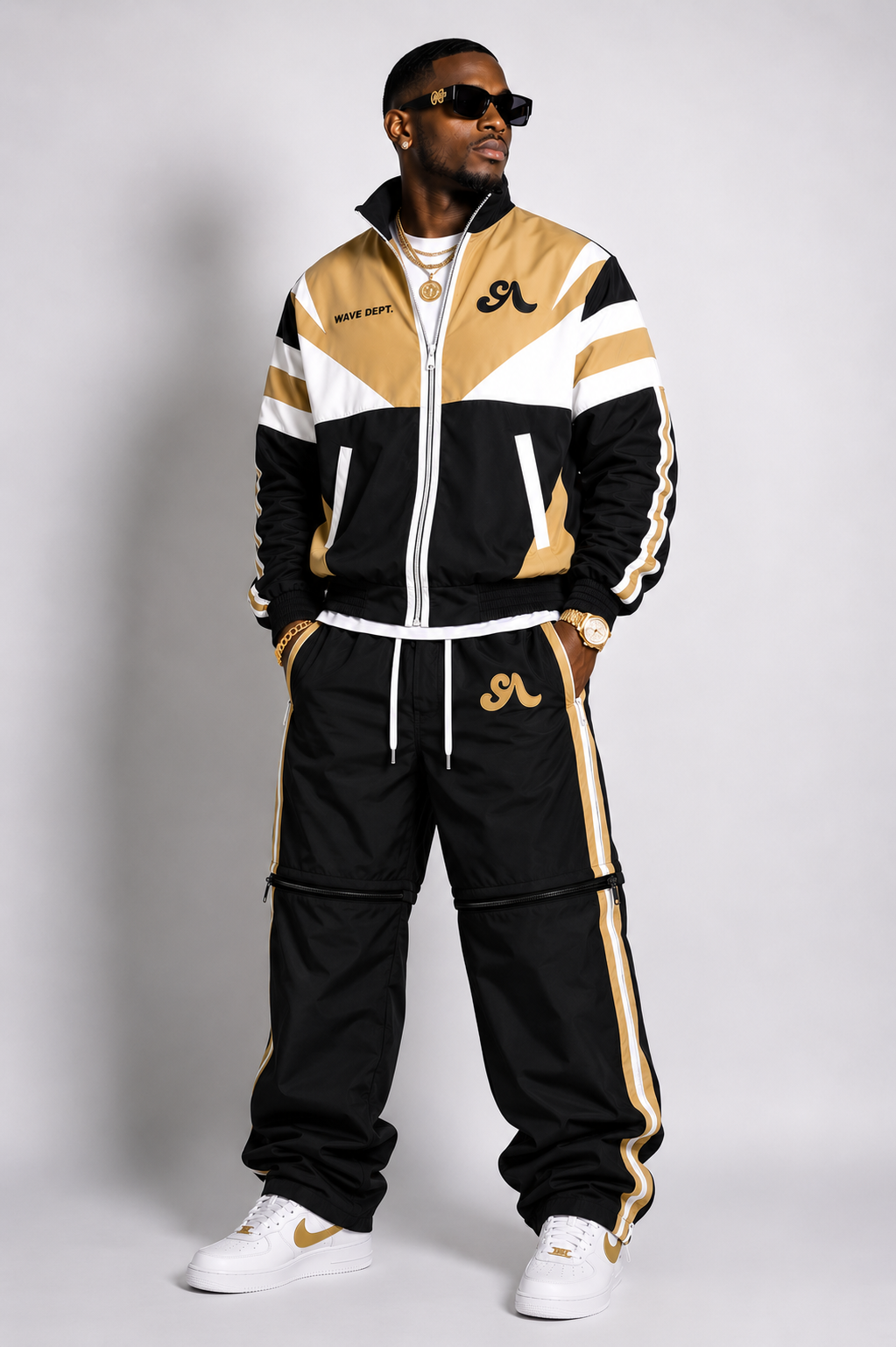 (Pre-Order) Men's Wave Dept Detachable Nylon Tracksuit (Black & Gold) ( Shipped/Pickup by Sep 5)