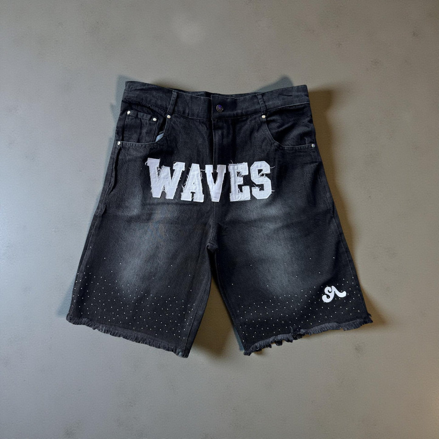 Waves Denim Black Rhinestone Shorts (Order one size up for best fit)