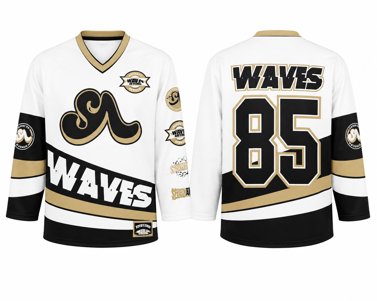 (2 Color Options) Adults Unisex WAVES Hockey Jersey (Black & Gold)
