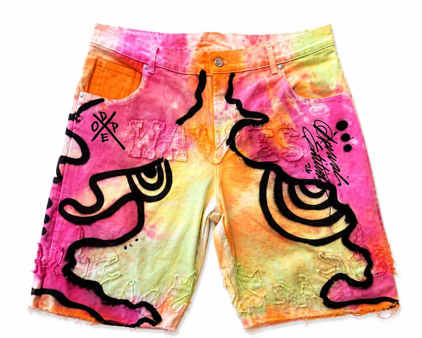 1 of 1 WAVES/DoU Tie Dye Hand painted Denim Shorts