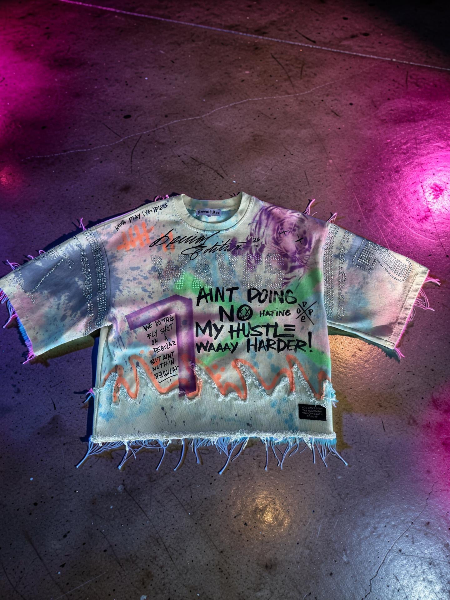 1 of 1 Custom Tie Dye, Hand Painted Cropped WAVES Shirts