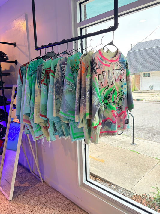 1 of 1 Custom Tie Dye, Hand Painted Cropped WAVES Shirts