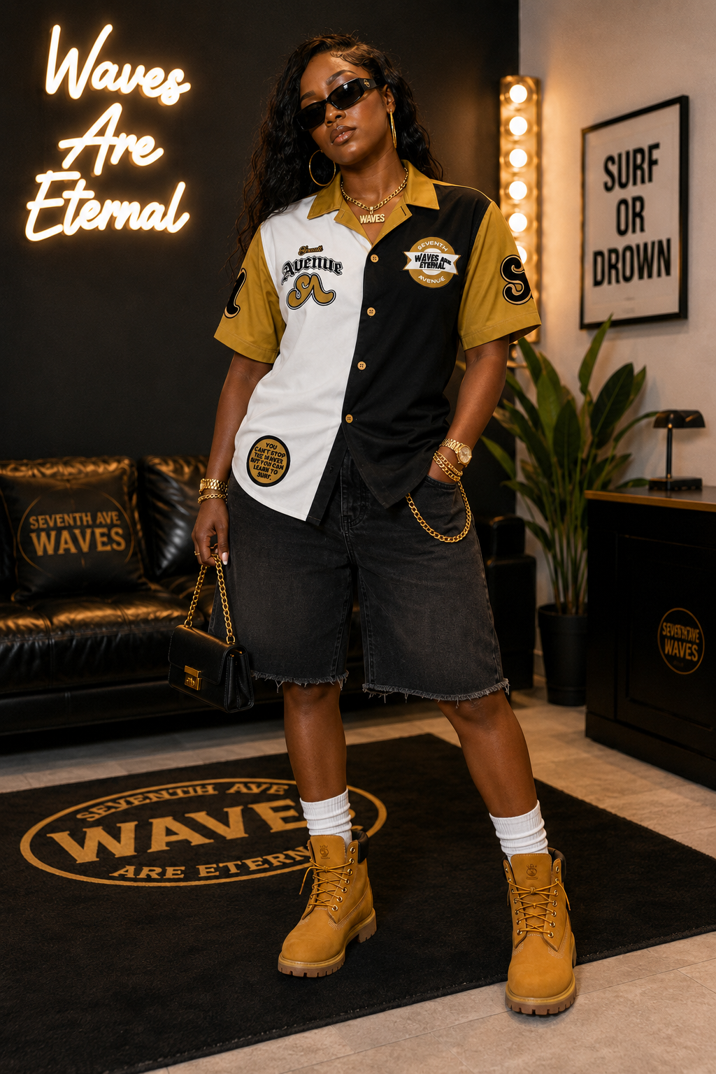 Unisex Waves Workman button down shirt (Black/Gold)