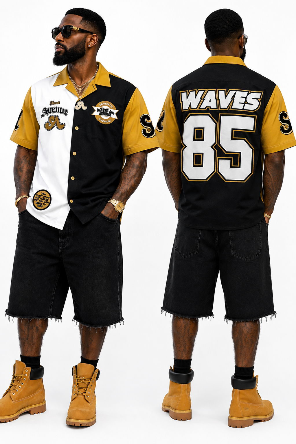 Unisex Waves Workman button down shirt (Black/Gold)