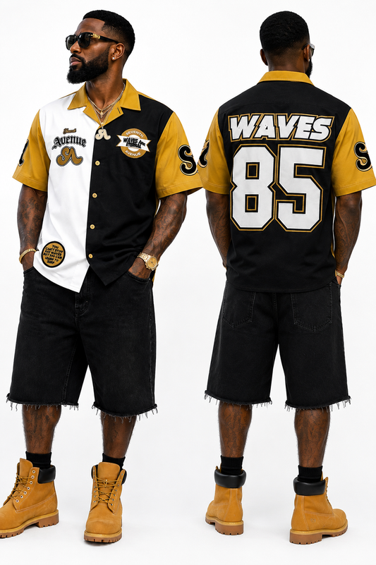 Unisex Waves Workman button down shirt (Black/Gold)
