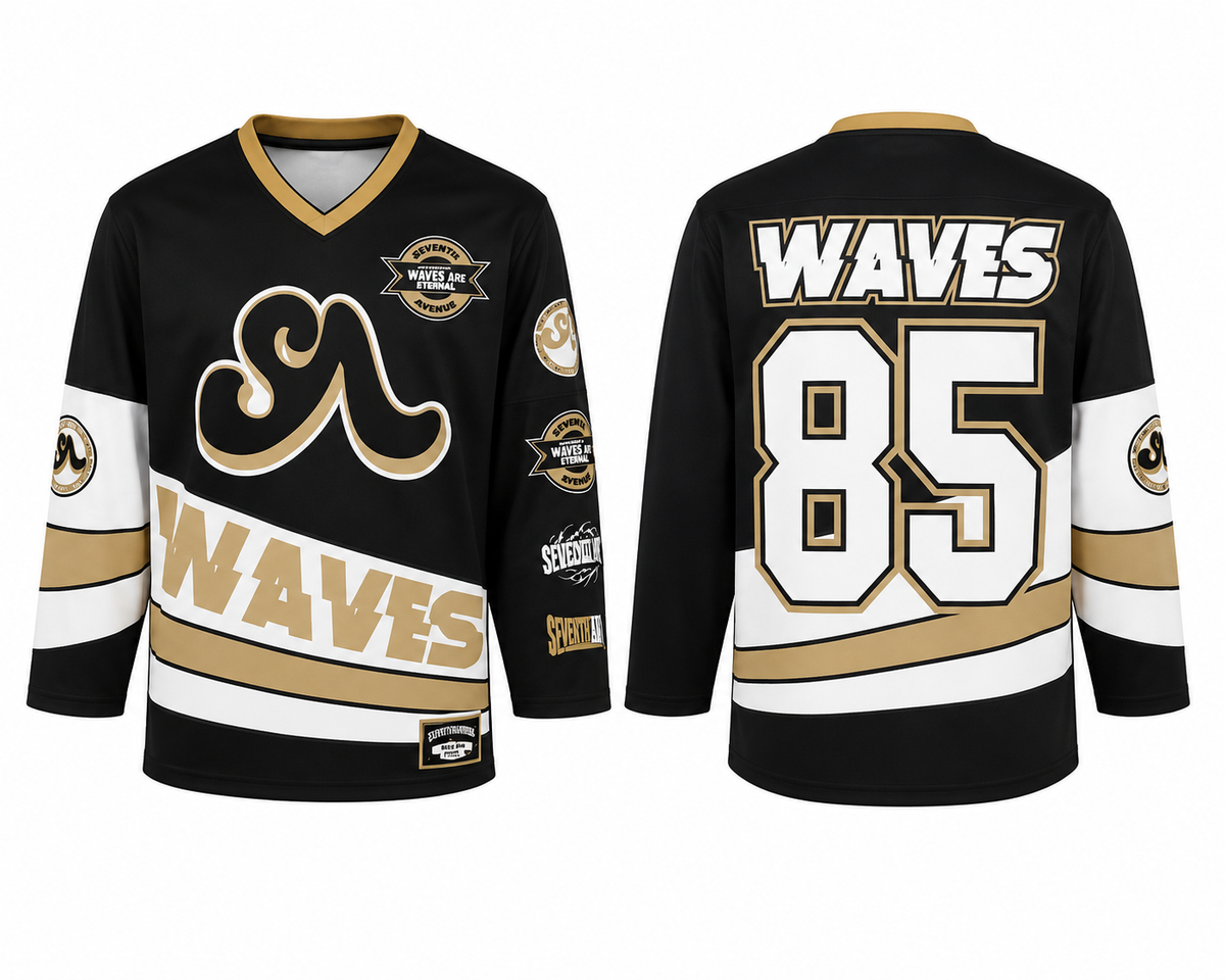 (2 Color Options) Adults Unisex WAVES Hockey Jersey (Black & Gold)