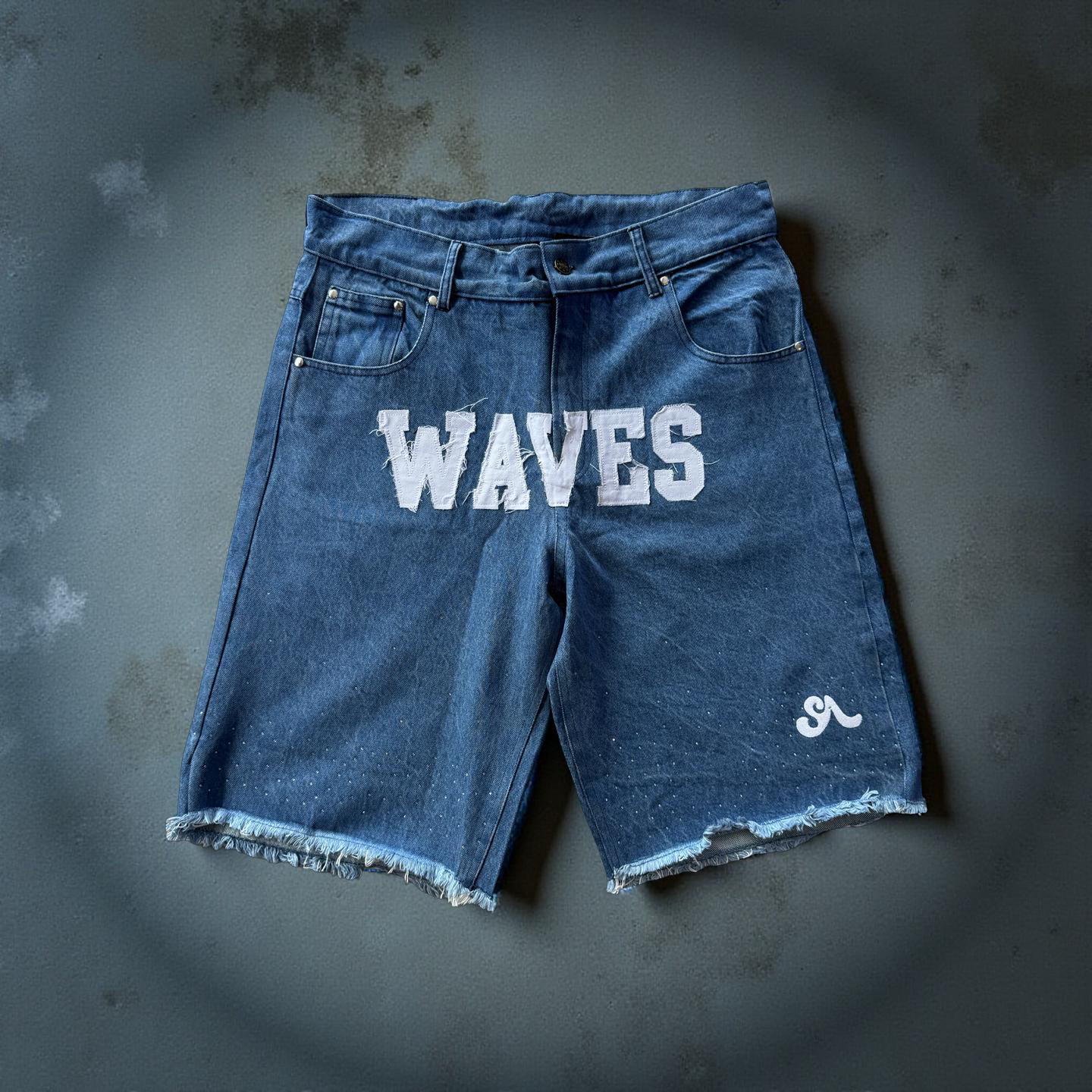 Waves Denim Blue Rhinestone Shorts (Order one size up for best fit)