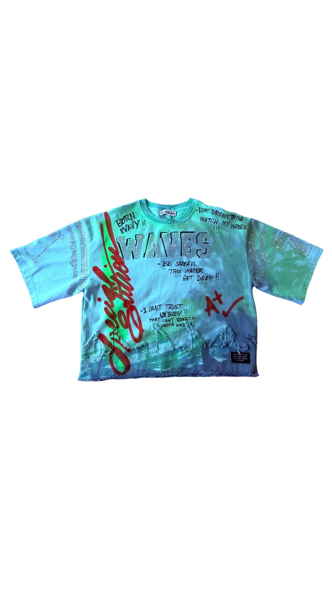 1 of 1 Custom Tie Dye, Hand Painted Cropped WAVES Shirts