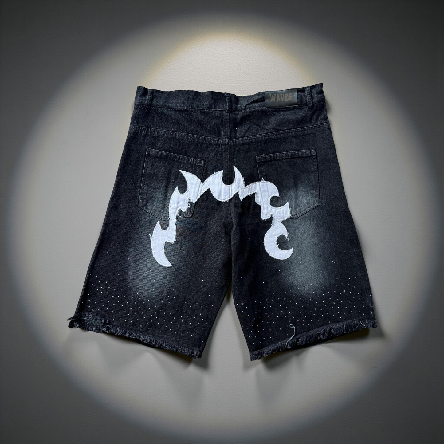 Waves Denim Black Rhinestone Shorts (Order one size up for best fit)