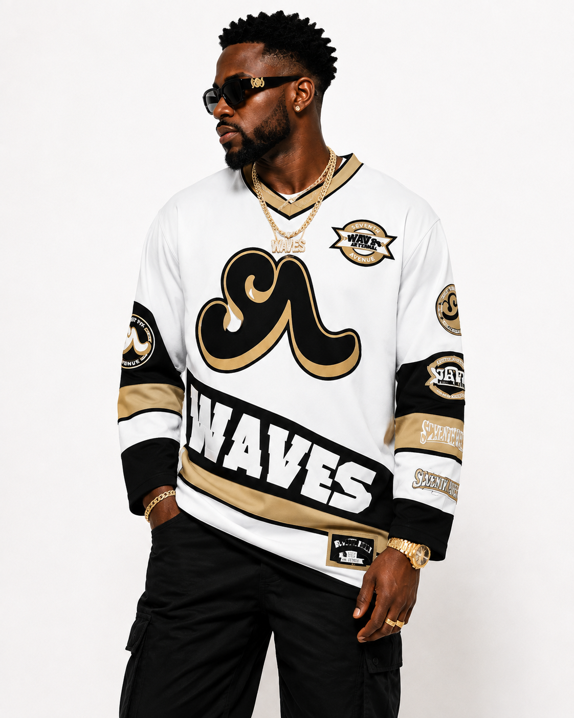 (2 Color Options) Adults Unisex WAVES Hockey Jersey (Black & Gold)