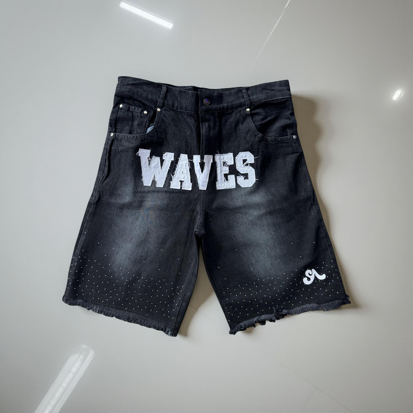 Waves Denim Black Rhinestone Shorts (Order one size up for best fit)