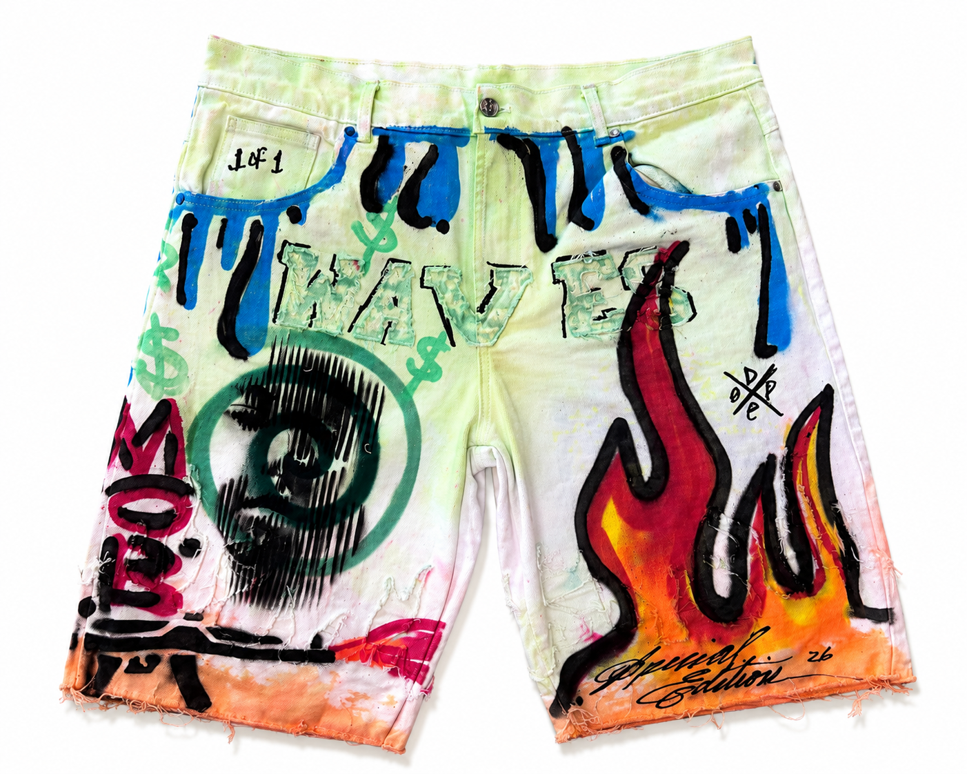 1 of 1 WAVES/DoU Tie Dye Hand painted Denim Shorts