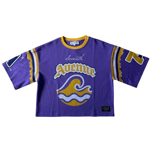 Wavy Crop Designer Jersey T-Shirt. (Purple/gold)