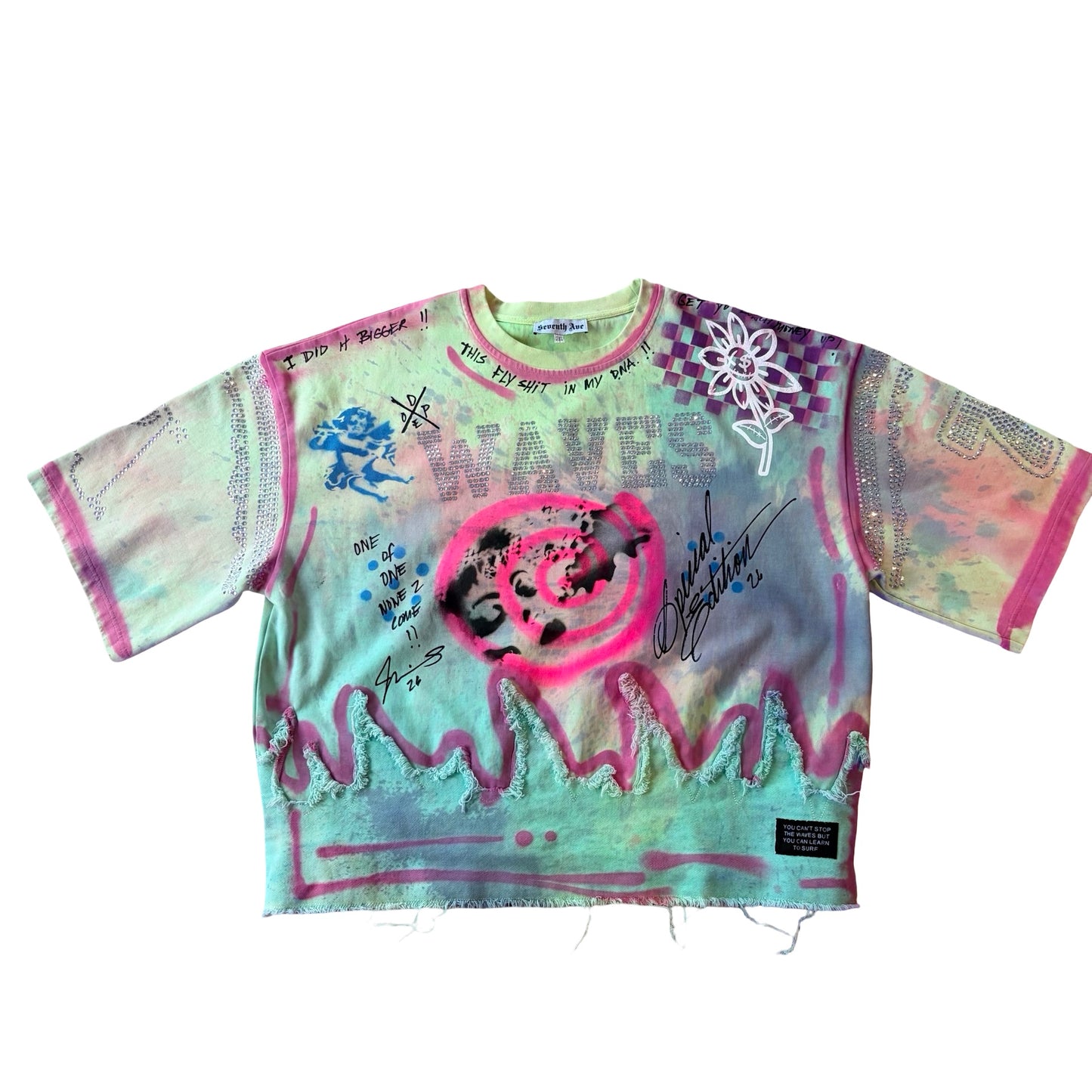 1 of 1 Custom Tie Dye, Hand Painted Cropped WAVES Shirts