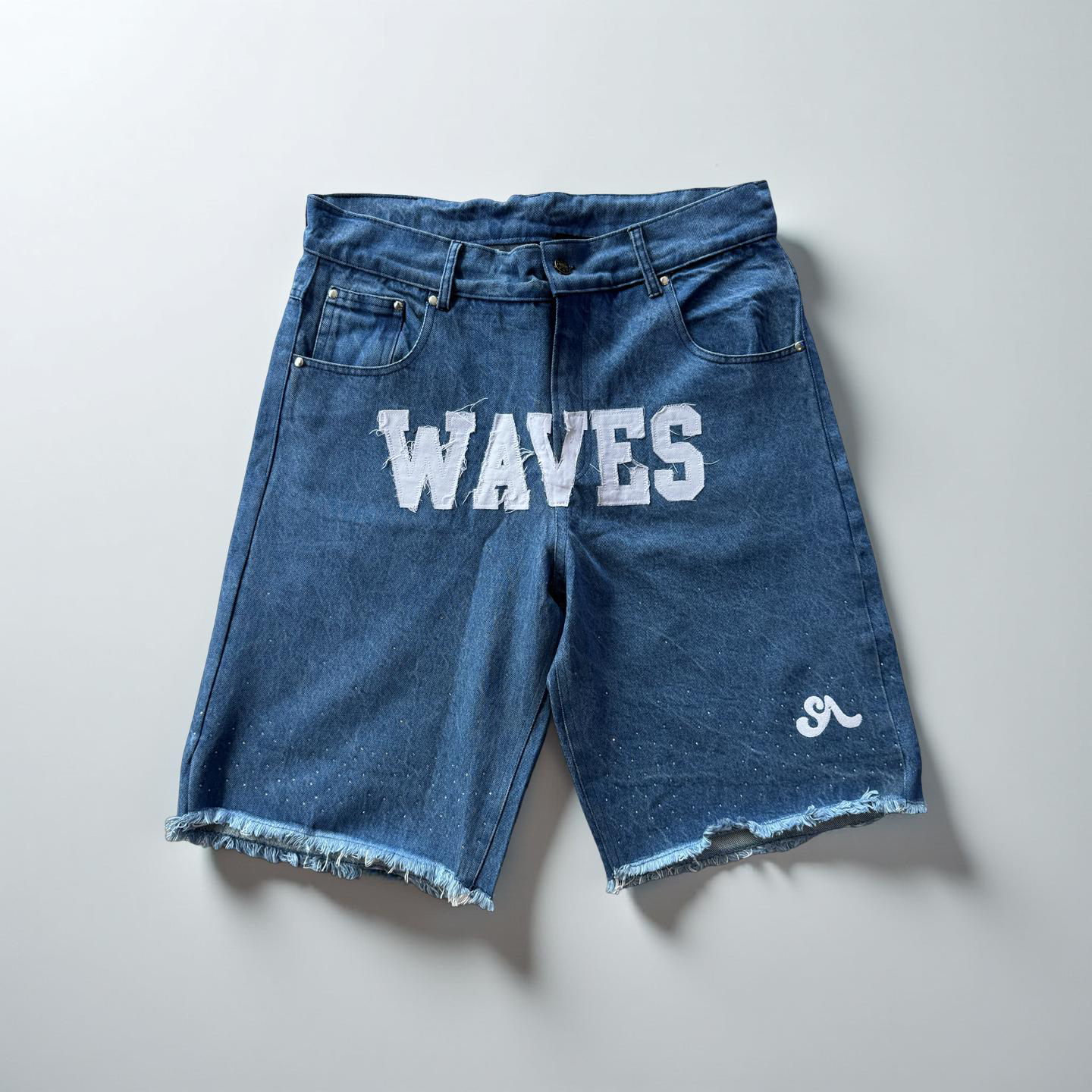 Waves Denim Blue Rhinestone Shorts (Order one size up for best fit)