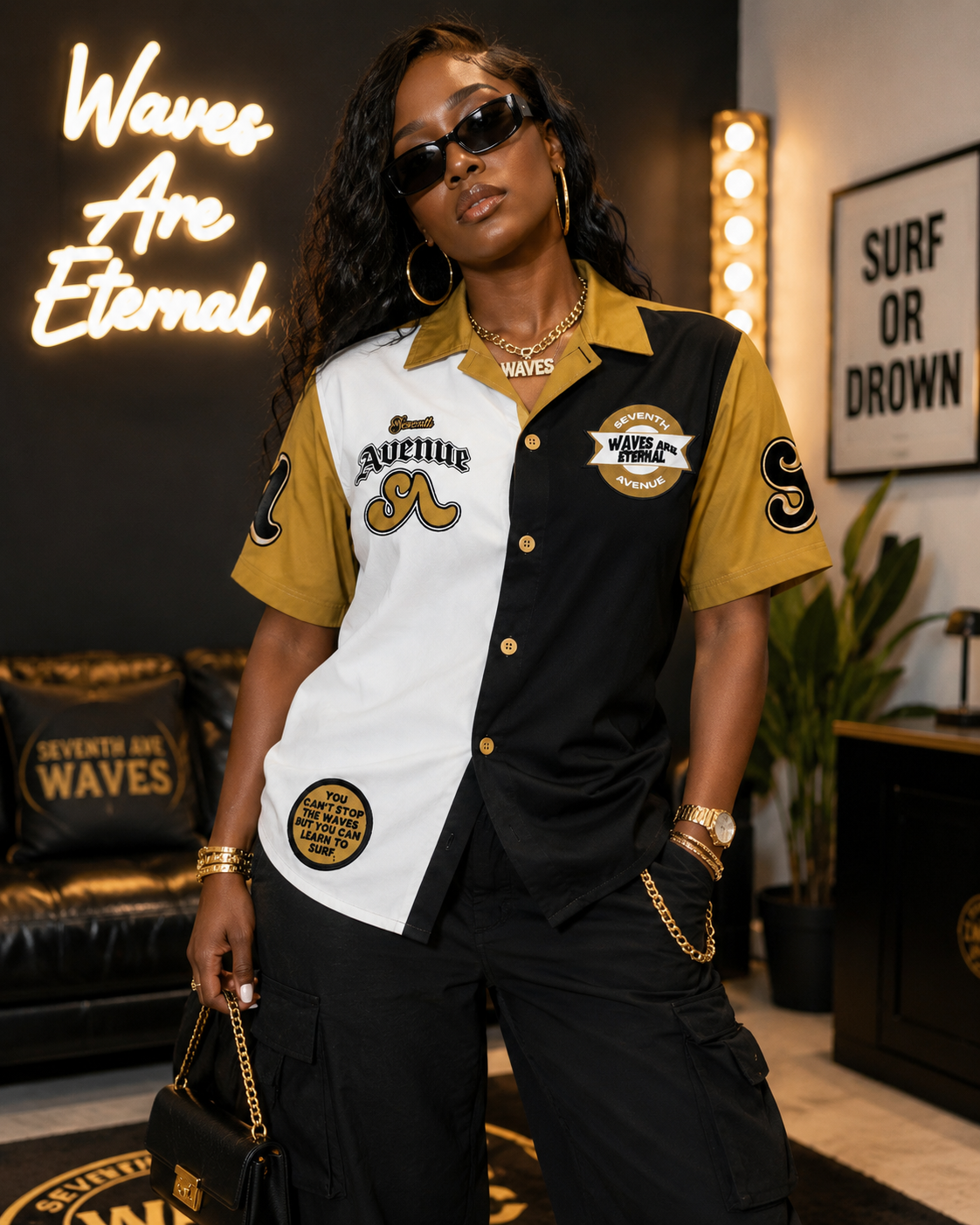 Unisex Waves Workman button down shirt (Black/Gold)