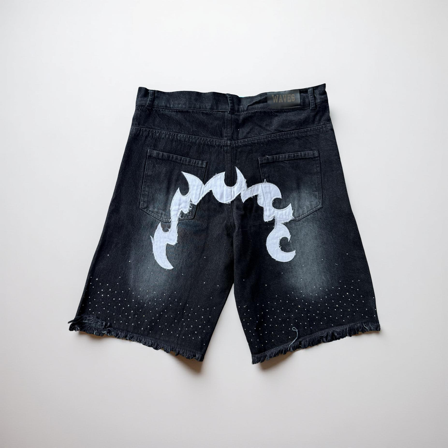 Waves Denim Black Rhinestone Shorts (Order one size up for best fit)