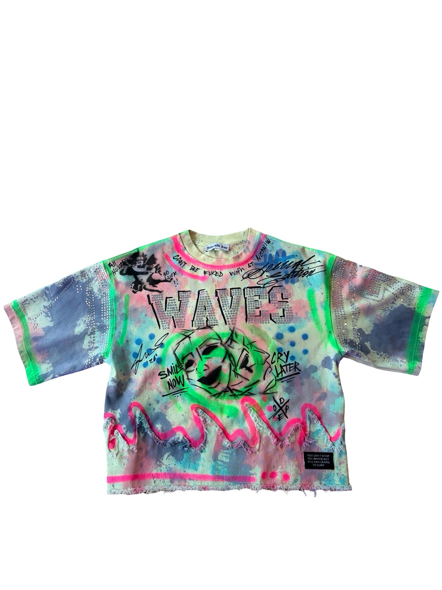1 of 1 Custom Tie Dye, Hand Painted Cropped WAVES Shirts
