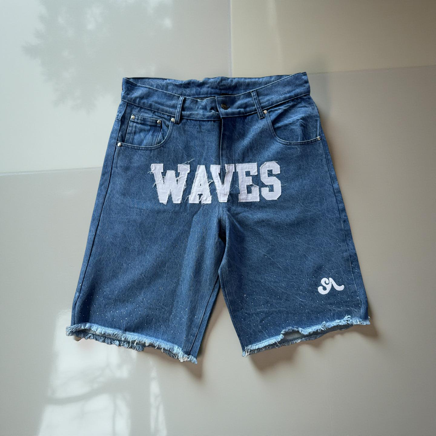 Waves Denim Blue Rhinestone Shorts (Order one size up for best fit)