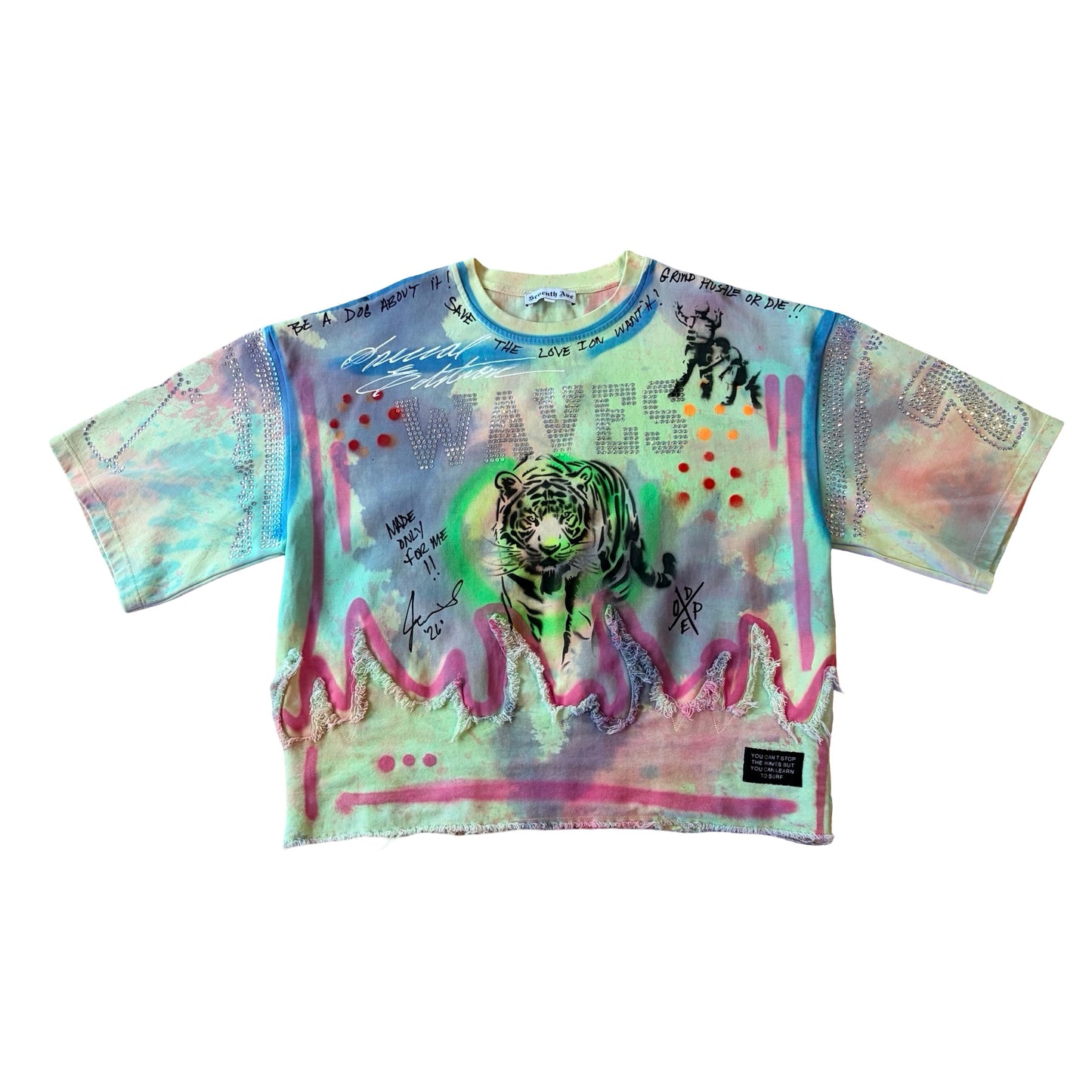 1 of 1 Custom Tie Dye, Hand Painted Cropped WAVES Shirts