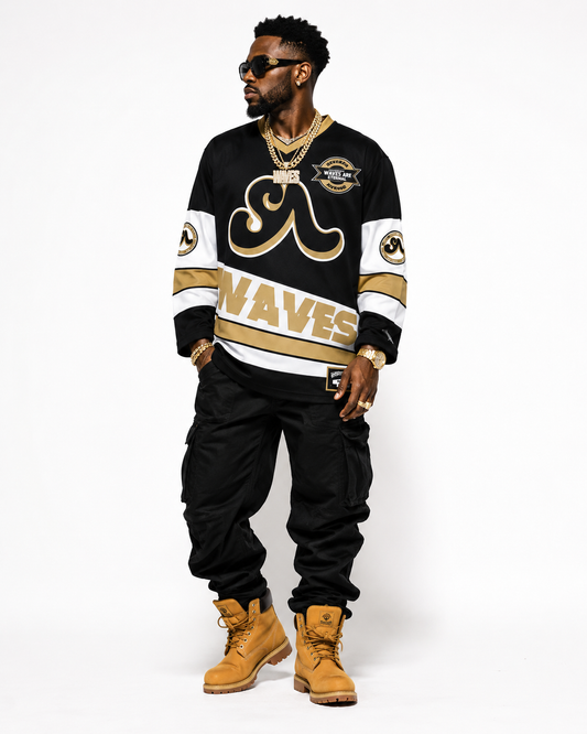 (Pre-Order) (2 Color Options) Adults Unisex WAVES Hockey Jersey (Black & Gold) shipped/pickup by Sep 1st