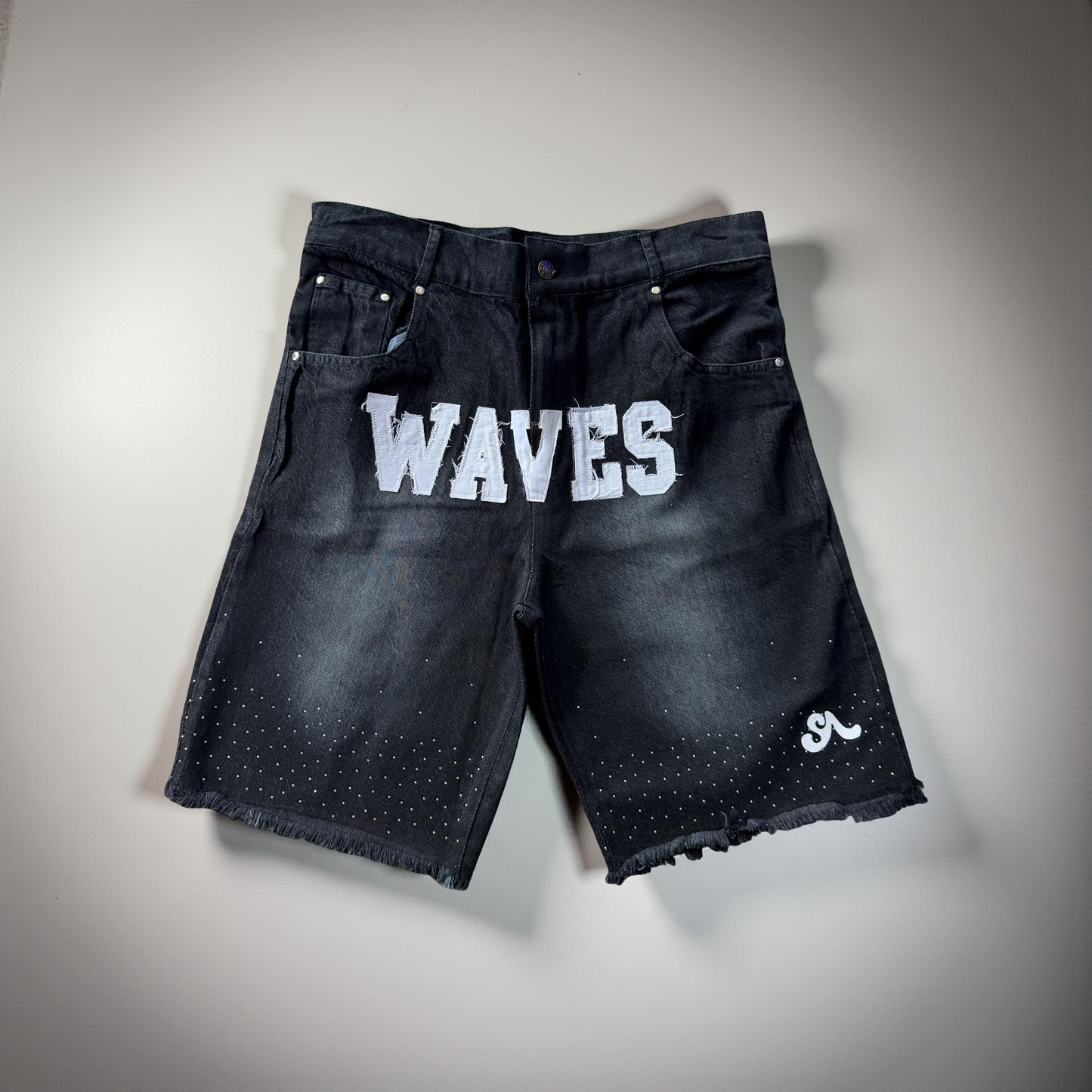 Waves Denim Black Rhinestone Shorts (Order one size up for best fit)