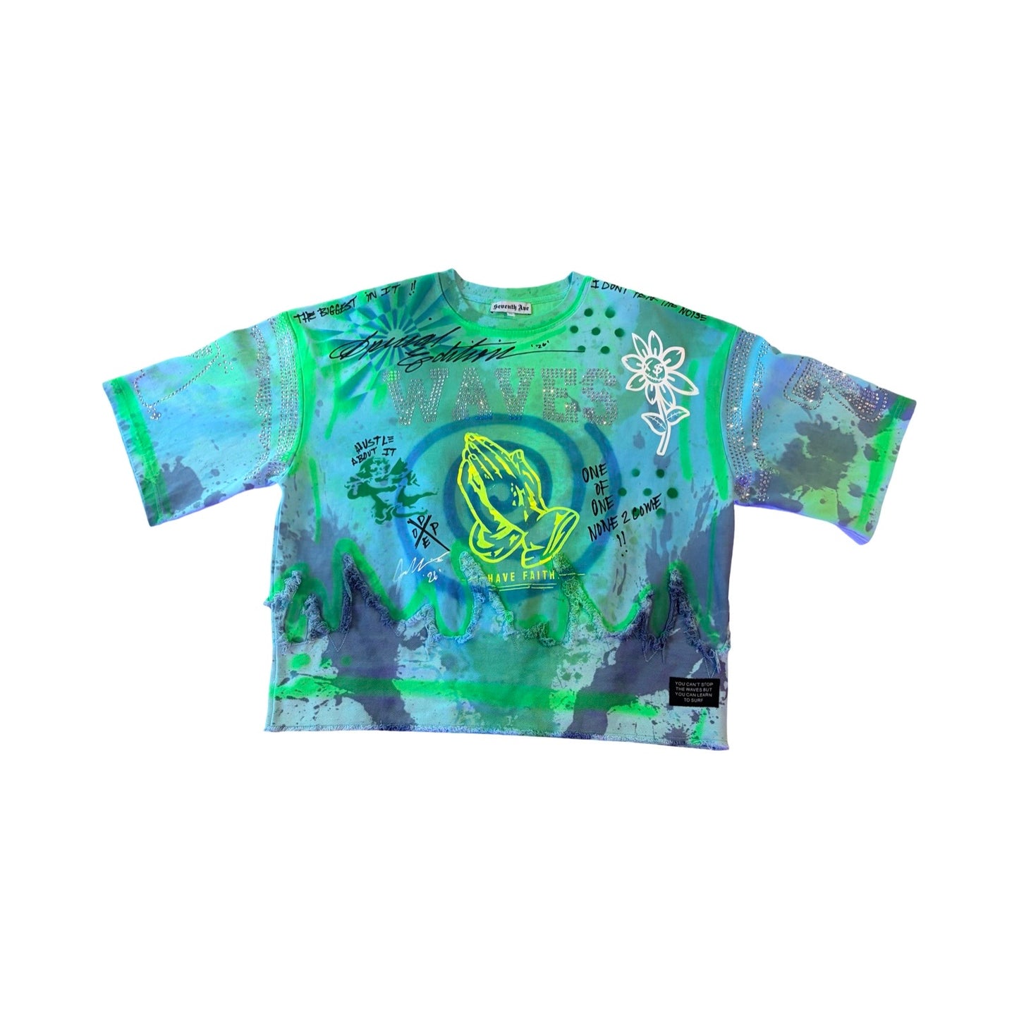 1 of 1 Custom Tie Dye, Hand Painted Cropped WAVES Shirts